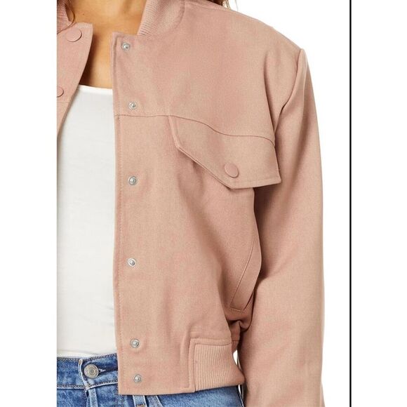 Blush Pink Cropped Bomber Jacket Utility Pockets Snap Front Lightweight - Picture 2 of 12